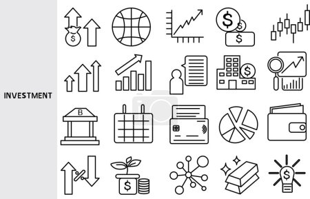 Investment ,Investing in a business invests a large amount of money for business profits. ,Set of line icons for business ,Outline symbol collection.,Vector illustration. Editable stroke