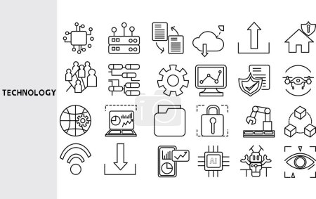 Illustration for Technology, People's use of technology in various forms for economic benefit. ,Set of line icons for business ,Outline symbol collection.,Vector illustration. Editable stroke - Royalty Free Image