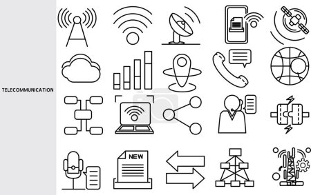 Telecommunications, systematic data communication via satellite or Wi-Fi. and data signal distribution ,Set of line icons for business ,Outline symbol collection.,Vector illustration. Editable stroke
