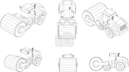 Téléchargez les illustrations : Dessins de véhicules de construction sous de nombreux angles., Construction, transport et construction de bâtiments - en licence libre de droit
