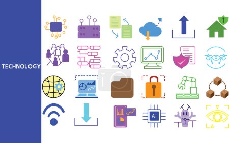Illustration for Technology, People's use of technology in various forms for economic benefit. ,Set of icons for business ,Outline symbol collection.,Vector illustration. - Royalty Free Image