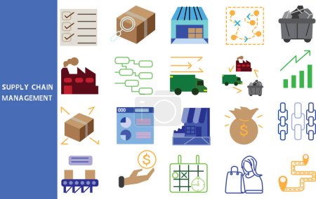 Supply chain management,  management in production and service systems and management mechanisms. ,Set of icons for business ,Icon symbol collection.,Vector illustration.