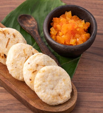 Photo for Delicious Colombian corn arepas with hogao - Colombian Breakfast - Royalty Free Image