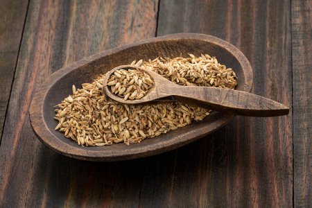 Photo for Fennel seeds in a small wooden bowl - Foeniculum vulgare - Royalty Free Image