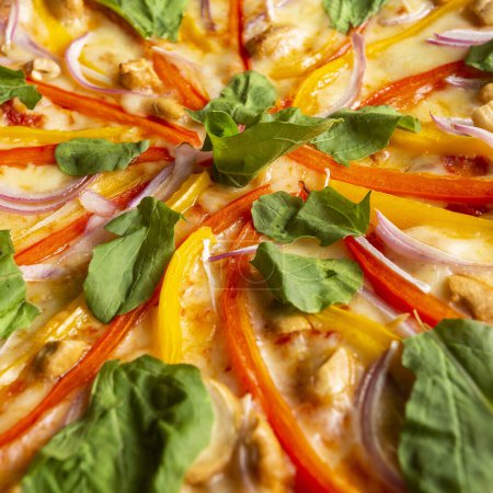 Photo for Vegetable pizza, red and yellow paprika, red onion, garlic, arugula, cashew with sesame oil - Royalty Free Image