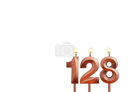 Téléchargez les photos : Bougie brûlante numéro 128 pour anniversaire sur fond blanc - en image libre de droit