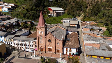 Montebello, Antioquia - Colombia. January 24, 2024. Facade of the our lady of mercy church is a Catholic temple
