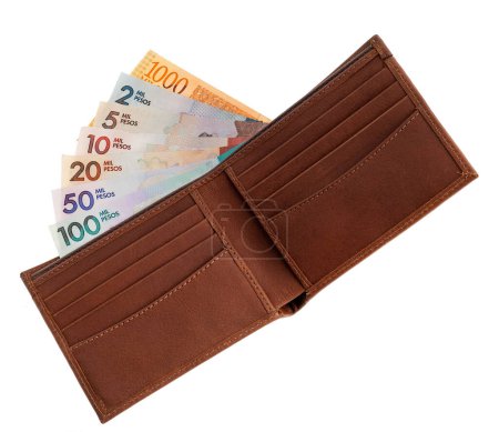 Colombian money in paper bills in wallet - Pesos currency