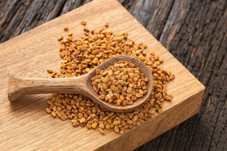Methi Dana - Dried organic fenugreek seeds in the wooden spoon