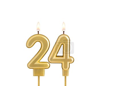 Golden number 24 birthday candle on white background