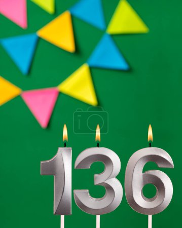 Candle number 136 birthday - Green anniversary card with pennants