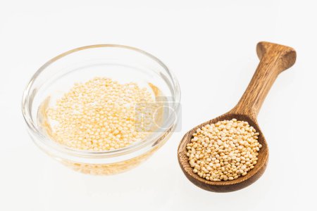 Téléchargez les photos : Bol en verre avec graines de quinoa mélangées à de l'eau - Chenopodium quinoa - en image libre de droit