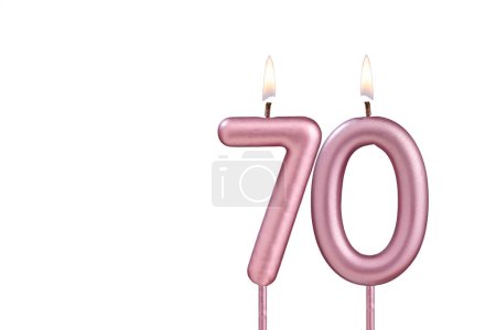 Lit birthday candle - Candle number 70 on white background