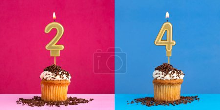Dos cupcakes de cumpleaños con el número 2 y 4 - Fondo azul y rosa