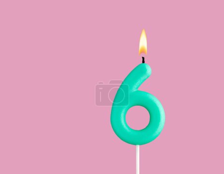 Green candle number 6 - Birthday card on pastel pink background