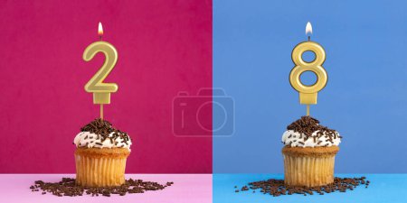 Dos cupcakes de cumpleaños con el número 2 y 8 - Fondo azul y rosa