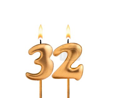 Birthday number 32 - Golden candle on white background