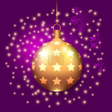Illustration for Winter, bright greeting card. Christmas ball with sweets, stars, snow, snowflakes on purple background. Christmas decorations. Realistic design. Stock vector illustration. - Royalty Free Image