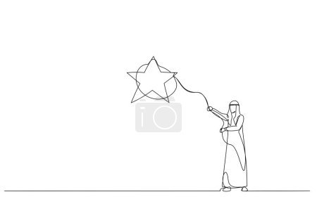 Téléchargez les illustrations : Dessin d'un homme d'affaires arabe jette un lasso, attraper étoile. Un style de ligne ar - en licence libre de droit