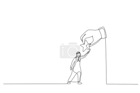 Cartoon of arab businessman giving star in hand. Single continuous line ar