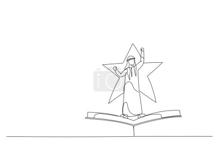 Illustration for Illustration of arab businessman standing on flying book on star. Single continuous line art styl - Royalty Free Image
