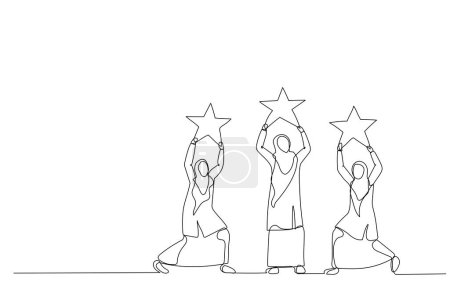 Téléchargez les illustrations : Caricature d'une musulmane tenant des étoiles. Métaphore pour la notation des étoiles. Un style de ligne ar - en licence libre de droit