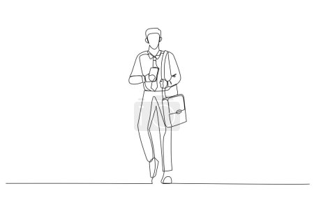 Illustration for Cartoon of successful businessman in office clothes holding smartphone and laptop bag. One continuous line art styl - Royalty Free Image