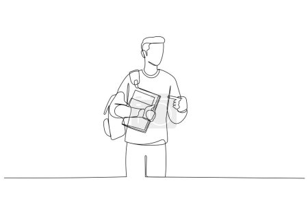 Photo for Illustration of young man with notebook and student backpack pointing with hand and finger. Single continuous line ar - Royalty Free Image