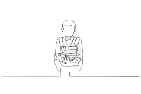 Illustration for Illustration of little kid student holding books. Single continuous line ar - Royalty Free Image