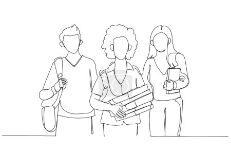 Téléchargez les illustrations : Caricature d'un heureux groupe d'étudiants tenant des cahiers à l'extérieur. Une ligne art styl - en licence libre de droit