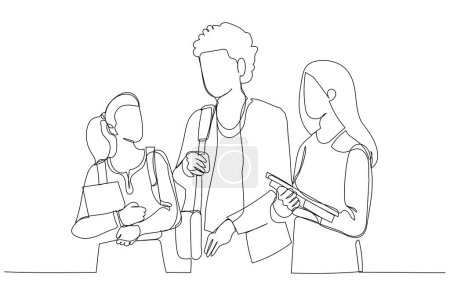 Photo for Cartoon of three friendly nice look students talking, sharing news indoor. One continuous line art styl - Royalty Free Image