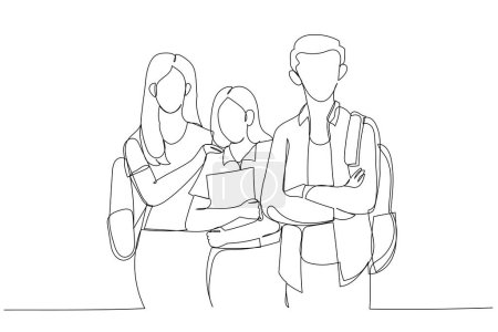 Illustration for Drawing of asia students read a book in library. Single continuous line art styl - Royalty Free Image
