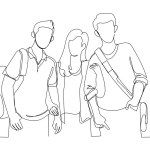 Illustration of males and female students standing posing looking to camera. Single line art styl