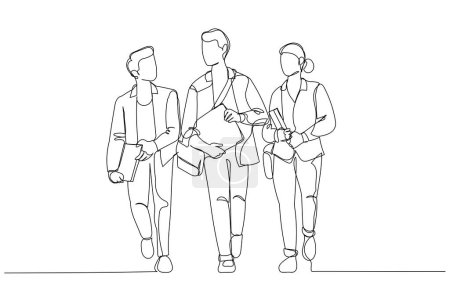 Illustration for Drawing of young students walking outside campus area. Continuous line ar - Royalty Free Image