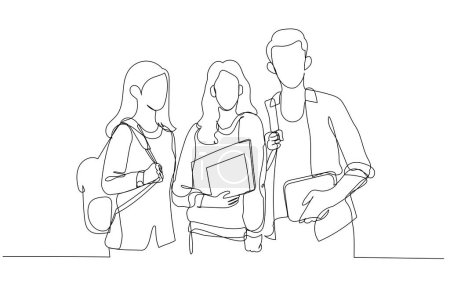 Téléchargez les illustrations : Dessin d'étudiants de groupe avec des livres et des sacs à dos regardant la caméra marcher sur le campus de l'université. Unique ligne continue art styl - en licence libre de droit