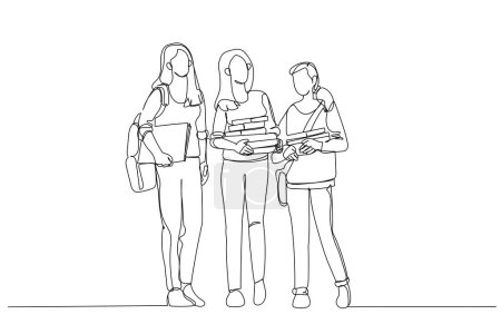 Illustration for Illustration of education time for three teenage student girl friends with school books. Single line art styl - Royalty Free Image