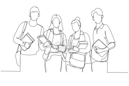Photo for Cartoon of full length asian college students holding subject books standing infront of library. One continuous line art styl - Royalty Free Image