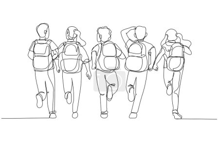 Karikatur von Schulkindern, die mit Rucksack zur Schule laufen. Rückansicht. Einzeiliger Kunststil