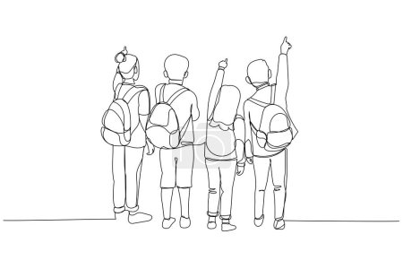 Illustration for Cartoon of back view of multiethnic children with backpacks pointing at copy space. One line style ar - Royalty Free Image
