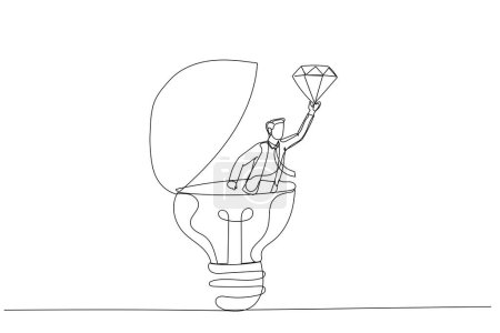 Photo for Drawing of businessman discover valuable priceless diamond from bright lightbulb idea. Business value. Single continuous line ar - Royalty Free Image