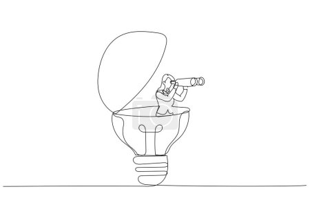 Photo for Drawing of businesswoman open lightbulb idea using binoculars to see business vision. Creativity to help. Single continuous line ar - Royalty Free Image
