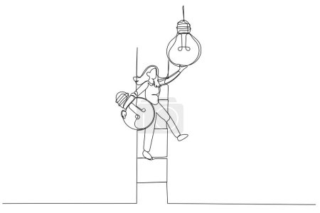 Illustration for Drawing of businesswoman leader climb up ladder to change lightbulb idea. Change to new innovation. One line art styl - Royalty Free Image