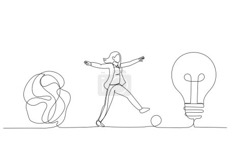 Drawing of smart businesswoman walking away from mess chaos line to simple lightbulb idea. Simplify idea. Single continuous line ar
