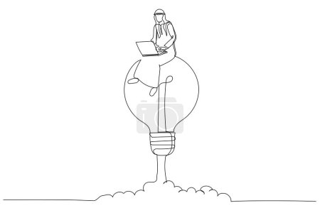Téléchargez les illustrations : Caricature d'un homme d'affaires arabe travaillant sur une fusée à ampoule. Travailler avec créativité. Une ligne art styl - en licence libre de droit