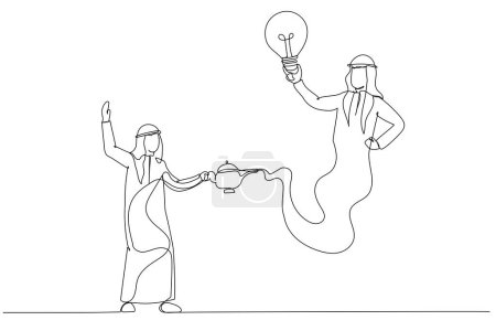 Illustration for Drawing of arab businessman genie holding idea bulb come out of magic lamp. Assistance concept. Single continuous line art styl - Royalty Free Image