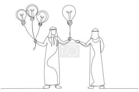 Illustration for Cartoon of arab businessman giving lightbulb idea to young employee. Mentor give an advice. Single line art styl - Royalty Free Image