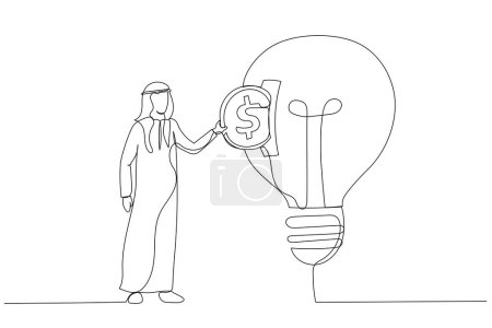 Téléchargez les illustrations : Dessin d'un homme d'affaires arabe mettant pièce de dollar dans la fente dans l'ampoule. Concept d'investissement. Un style de ligne ar - en licence libre de droit