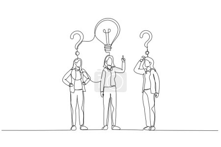Photo for Drawing of businesswoman with question sings and lamp idea concept of find right decision. Single continuous line ar - Royalty Free Image