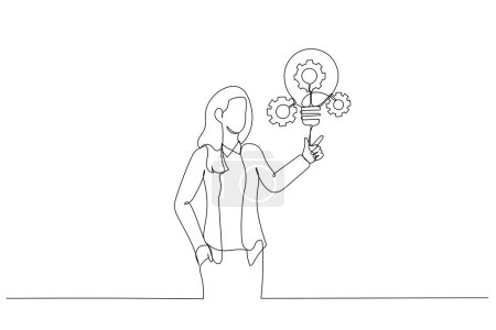 Karikatur einer Geschäftsfrau, die innovative Glühbirnen mit Rädchen und Zahnrädern präsentiert. Einzelne kontinuierliche Linie Kunststil