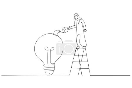 Téléchargez les illustrations : Caricature de l'homme d'affaires musulman arabe sur l'arrosage de l'échelle pour remplir liquide dans idée concept ampoule de développement d'idée. Ligne continue art styl - en licence libre de droit
